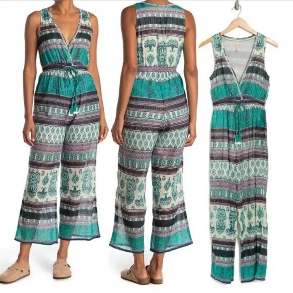 RAGA Caravan Sleeveless V-Neck Printed Jumpsuit Teal Small